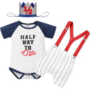 IMEKIS Baby Boy Half 1st Birthday Outfit Baseball Dount Romper Suspenders Shorts Crown Cake Smash Photoshoot Clothes (6-12 Months, Navy)