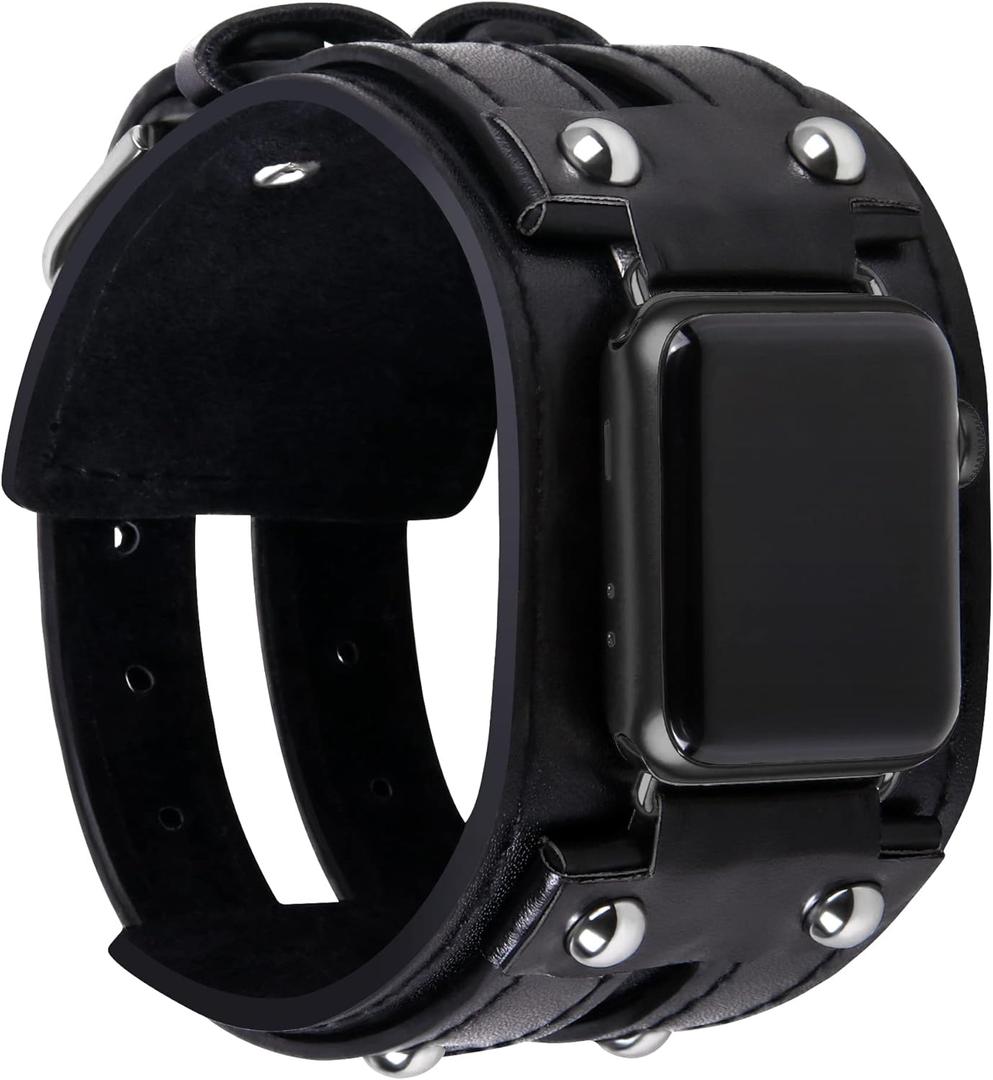 VIQIV Leather Bangle Watch Band for Apple Watch Series 8, 7, 6, 5, 4, 3, 2, 1, 8.5"-160mm, Black
