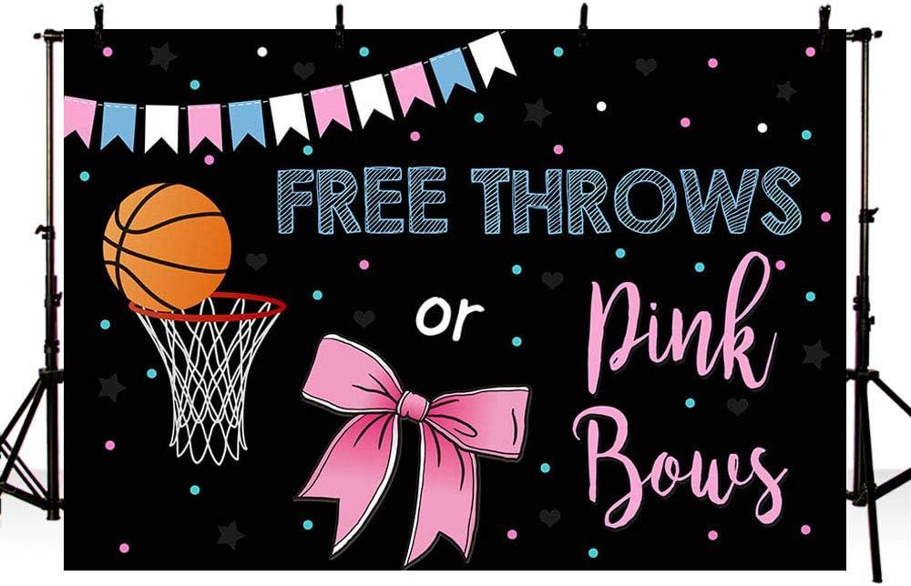 MEHOFOTO Free Throws or Pink Bows Gender Reveal Party Photo Background Props Basketball or Bow Baby Shower Boy or Girl Blue Pink Decoration Black Backdrops Banner for Dessert Table 7x5ft