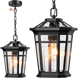 Gleamz Large Dusk to Dawn Outdoor Hanging Lights, Black Outdoor Chandelier Fixture, Aluminum Outside Pendant Sconce, Outside Ceiling Light for Porch, Entryway, Garden, Garage, 1-Pack, Hardwired