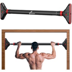 Sportneer Pull Up Bar: Strength Training Pull-up Bars without Screw - Adjustable Width Locking Mechanism Chin Up Bar, Thickened Steel Max Limit 440 lbs Upper Body Fitness Pullup Bars for Home (Black-Red)