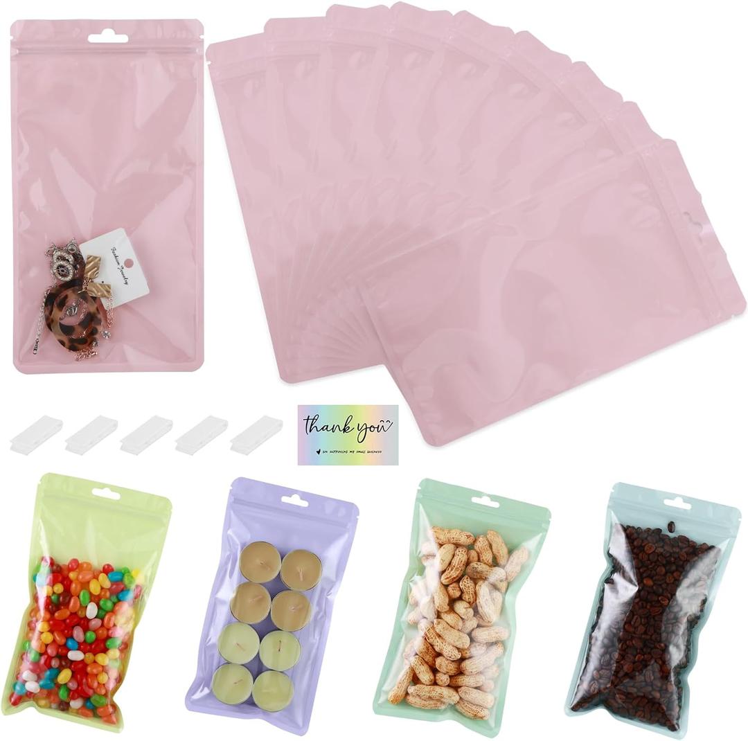 150 Pcs Pink Mylar Bags - 5x8 Inch, Holographic, Resealable, Smell Proof, Freeze Dried Candy Packaging (4.7"x8.7")