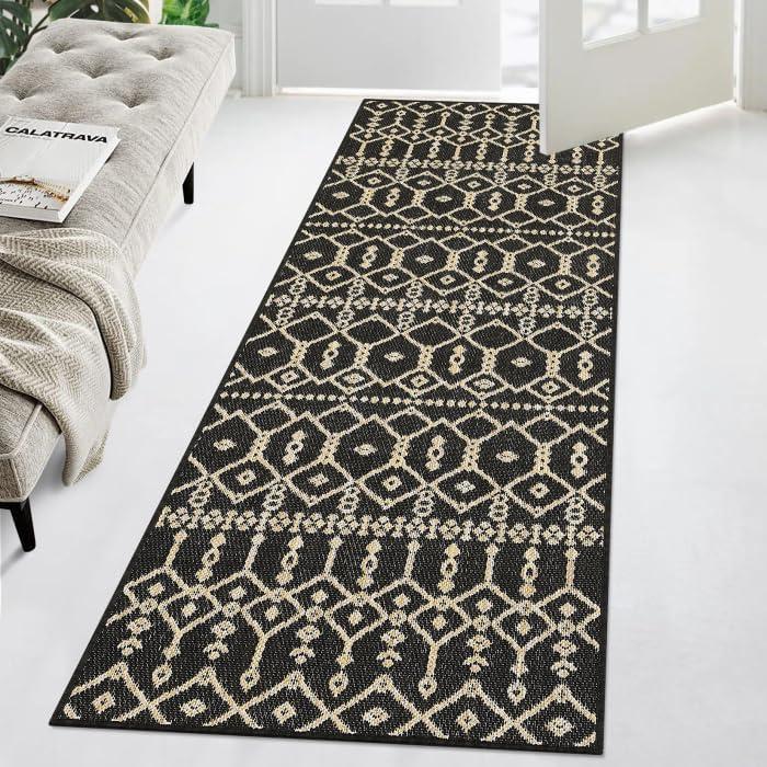 2x8 (2'3''x7'3'') Indoor Outdoor Rug for Hallway Moroccan Geometric Garden Corridor Rug Waterproof Low Pile Non-Shedding Distressed Throw Mat Textured Woven Rug for Bedside Kitchen Sink,Black
