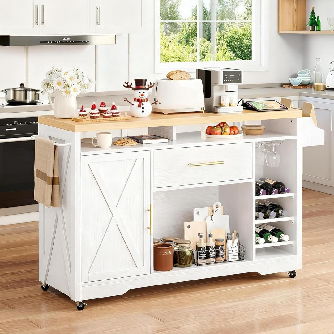 YITAHOME Large Kitchen Island with Power Outlet, Rolling Kitche Cart with Rack, Mobile Storage Islands with Spice Rack Glass Holder, Island Table on Wheels for Living Room, 50 Inch Wide, White (50.5"W x 17.7"D x 36.2")