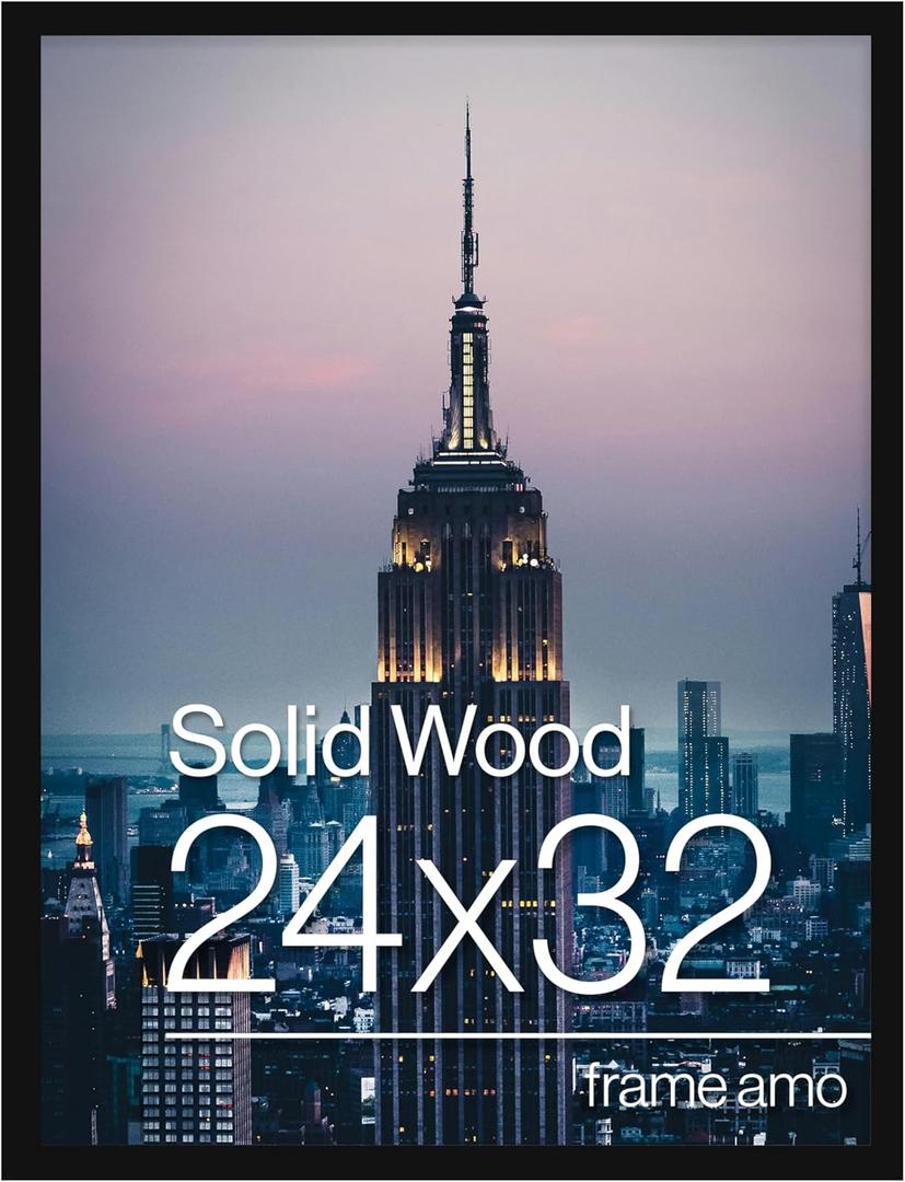 Frame Amo Black 24x32 Solid Wood Poster Frame, 1 inch Wide Border, Acrylic Front