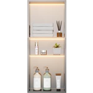 Stainless Steel LED Lights Shower Niche 12" x 30" – Recessed Wall Niche with 3-Tier Storage, Waterproof & Rustproof Modern Bathroom Shower Shelf (Brushed), W12" x H30"