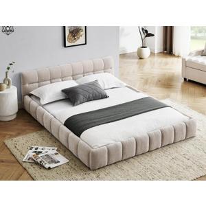 KEIKI Queen Thick Chenille Bed Frame with Upholstered Tufted Headboard, Modern Solid Wood Floor Platform for Bedroom, No Box Spring Needed (Beige)
