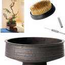 Japanese Ikebana Vase Kit, Flower Shallow Container 7.5inch Ceramics Flower Bowl Ikebana Vase with 2.4inch Floral Frog and 2-in-1 Kenzan Corrector (Retro Style)