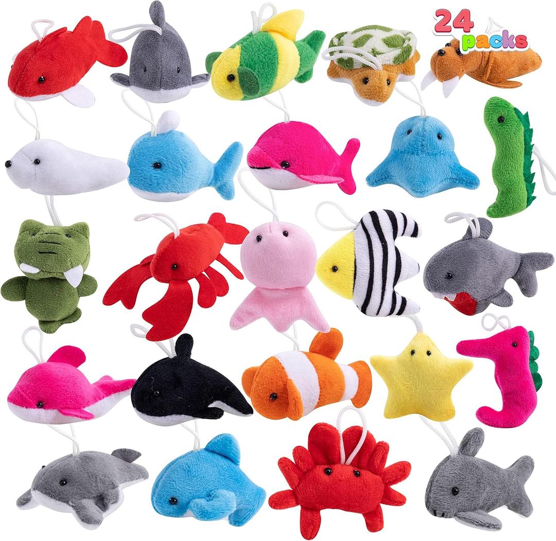 JOYIN 24 Pcs Mini Sea Animal Plush Toys, 3 Stuffed Sea Animal Bulk for Kids Birthday Party Favors, Basket Stuff, Pinata Fillers, Goodie Bag Fillers, School Prizes, Valentine's Day Party Supplies