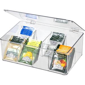 Clear Tea Bag Organizer, Dresser Organizers Drawer Organzier Storage Container with Removable Dividers, Plastic Storage Bin with Lid, Organizer for Scarves Ties Bras (Medium-8 Grids)
