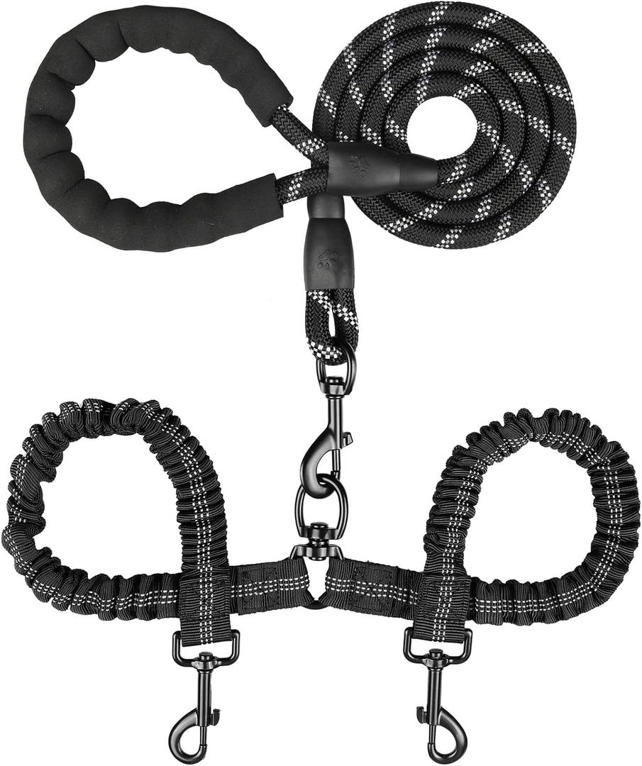 MingXpets Double Dog Leash, Dual Dog Leash, 360 Swivel Tangle Free Bungee Walking Training for Large Medium Dogs, Shock Absorbing Bungee Reflective for Two Dogs, 18~120 lbs, Black