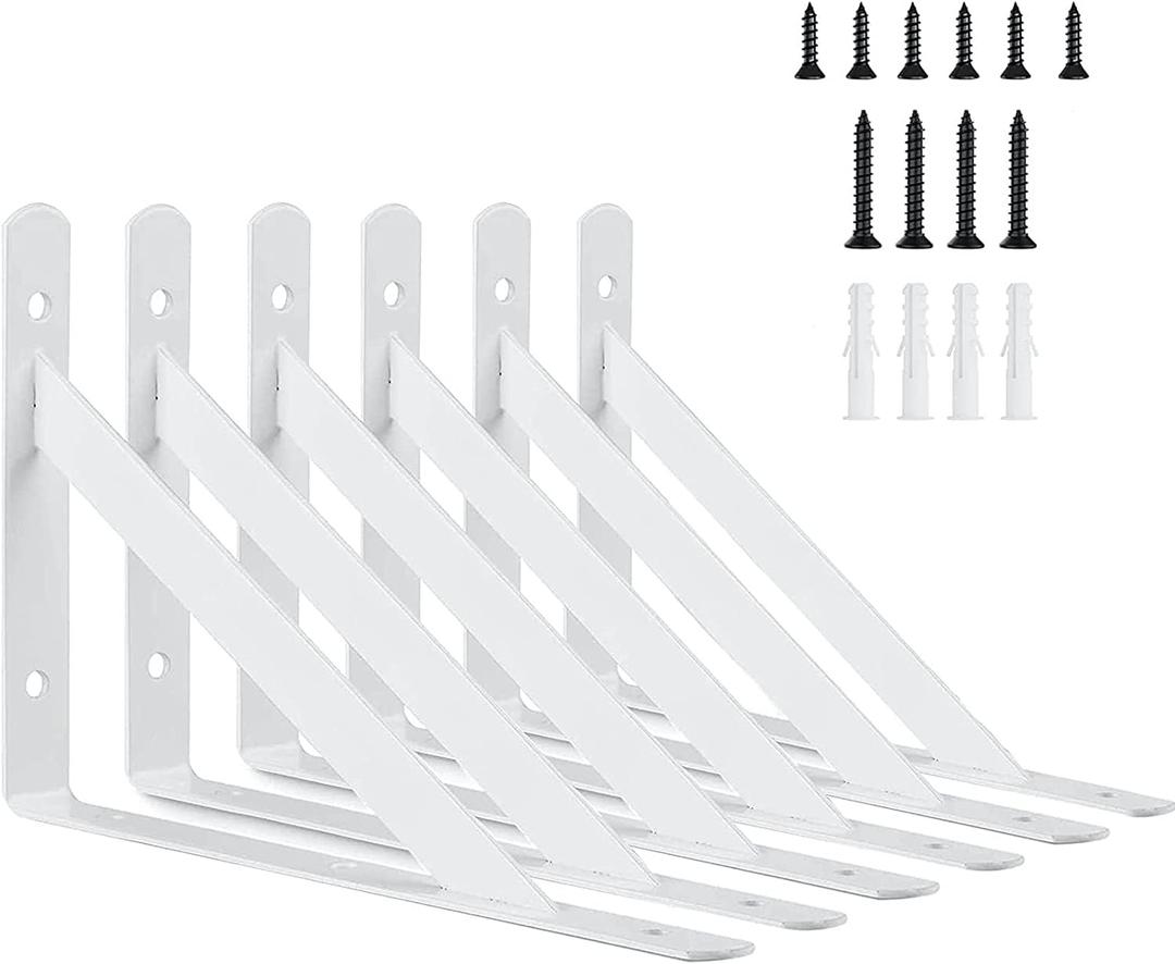 10 Inch Shelf Brackets, Kersally 6 Pack Heavy Duty L Shelf Brackets, 90 Degree Triangle Metal Supports for DIY Floating Shelf with Screws ( White)