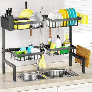 SNSLXH [2-Tier 4 Baskets Over The Sink Dish Drying Rack, 26.57"-35", Large Sink Rack for Kitchen, Extensible and Adjustable, Saving Kitchen Space