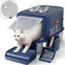 Stainless Steel Cat Litter Box with Lid - 3 in 1 Enclosed Cat Litter Box XL Extra Large Odor Control Covered Metal Litter Pan for Big Multiple Cats Includes Step, Scoop, Cats Scratcher Mat