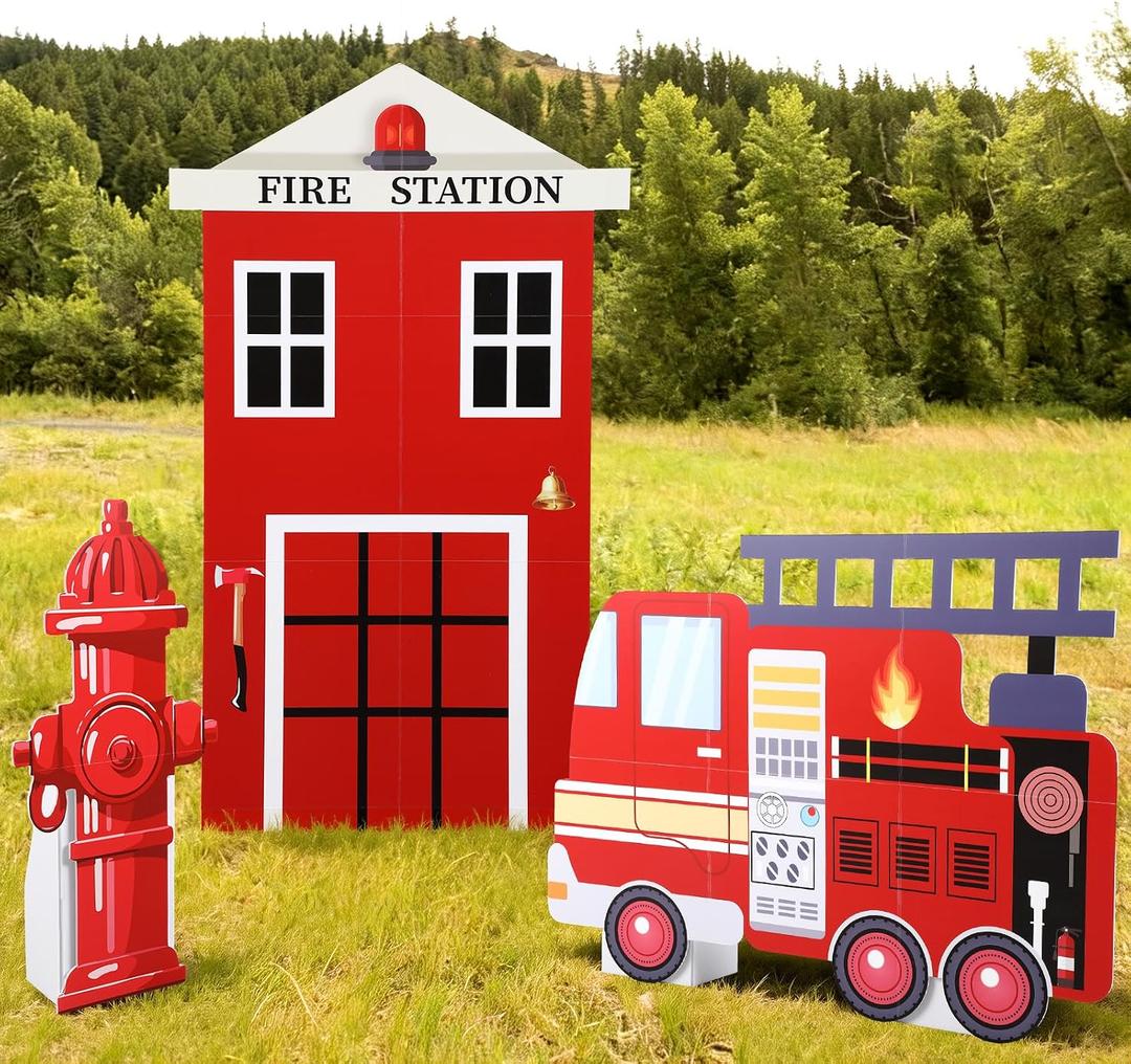 AceOrbit 3 Sets Firetruck Birthday Decorations Firefighter Party Decorations Large Fire Truck Party Supplies with Firetruck Hydrant Fire Station for Fireman Firefighter Birthday Favors Photo Backdrop