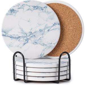 Hoewina 6Pcs Drink Coasters with Holder, Natural Style Ceramic Drink Coaster, Absorbent Coasters Set Suitable for Kinds of Cups, Modern Style Coasters for Coffee Table, 4 InchesStyle 6