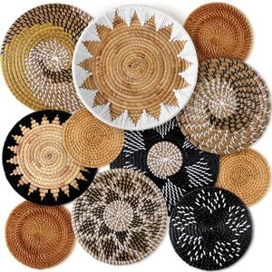 11 Pcs Boho Hanging Wall Basket Decor Handmade Woven Basket Wall Decorative Boho Wicker Baskets Placemats Round Farmhouse Bulrush Art for Rustic Home Decorations Christmas Gift(Stylish)