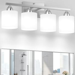 Bathroom Lighting Fixtures Over Mirror, Anti-Rust Vanity Light Fixture for Bathroom, Modern 4-Light Wall Sconce Light for Living Room, E26 Base, Milky White Glass Shades, Bulbs Not Included (Brushed Nickel-4Light)