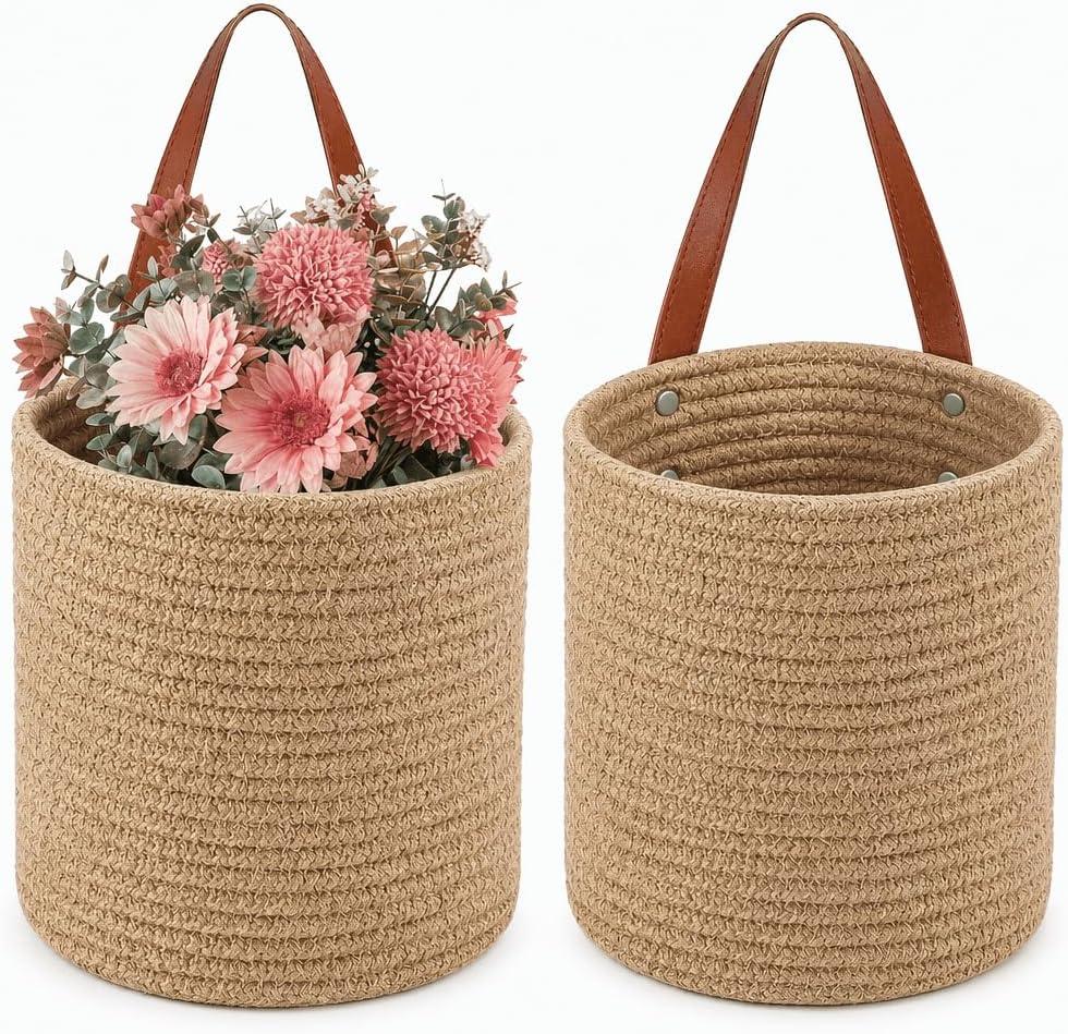 YOUEON Set of 2 Jute Hanging Basket 7.8" x 6.7", Small Wall Hanging Planter Baskets, Natural Jute Woven Storage Basket for Flower Plants Towels Sunglasses Wallet Keys, Boho Decor
