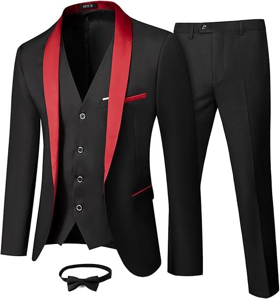 MY'S Mens 3 Piece Tuxedo Set with Bow Tie, Shawl Lapel One Button Jacket Vest & Pants, Slim Fit Suit Prom Party Wedding Tux M