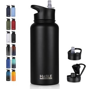 HASLE OUTFITTERS 32 oz Insulated Water Bottle Stainless Steel Double Walled Vacuum Sports Water Bottle with 2 Lids (Straw and Spout Lid) for Gym Camping Hiking(Black,3 pcs)