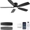52inch Ceiling Fans with Lights, Low Profile Ceiling Fan with Light and Remote Control/APP Control, Flush Mount, Reversible DC Motor, Dimmable, Noiseless, Black Ceiling Fan for Bedroom