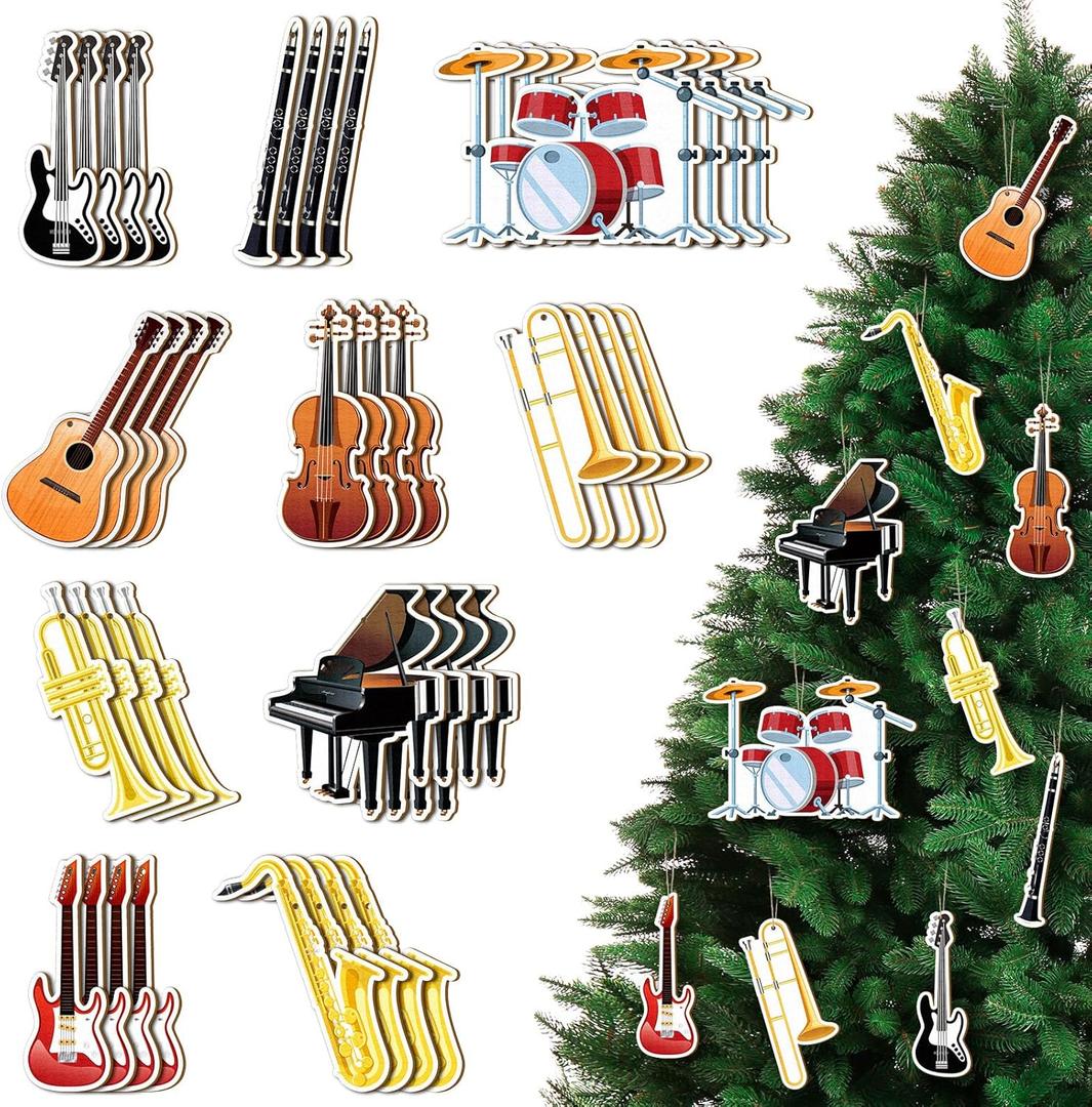 40 Pcs Music Christmas Ornaments Wooden Guitar Grand Piano Violin Saxophone Drum Instrument Gifts Xmas Tree Hanging Decorations for Christmas Birthday Music Party Home Decor Supplies