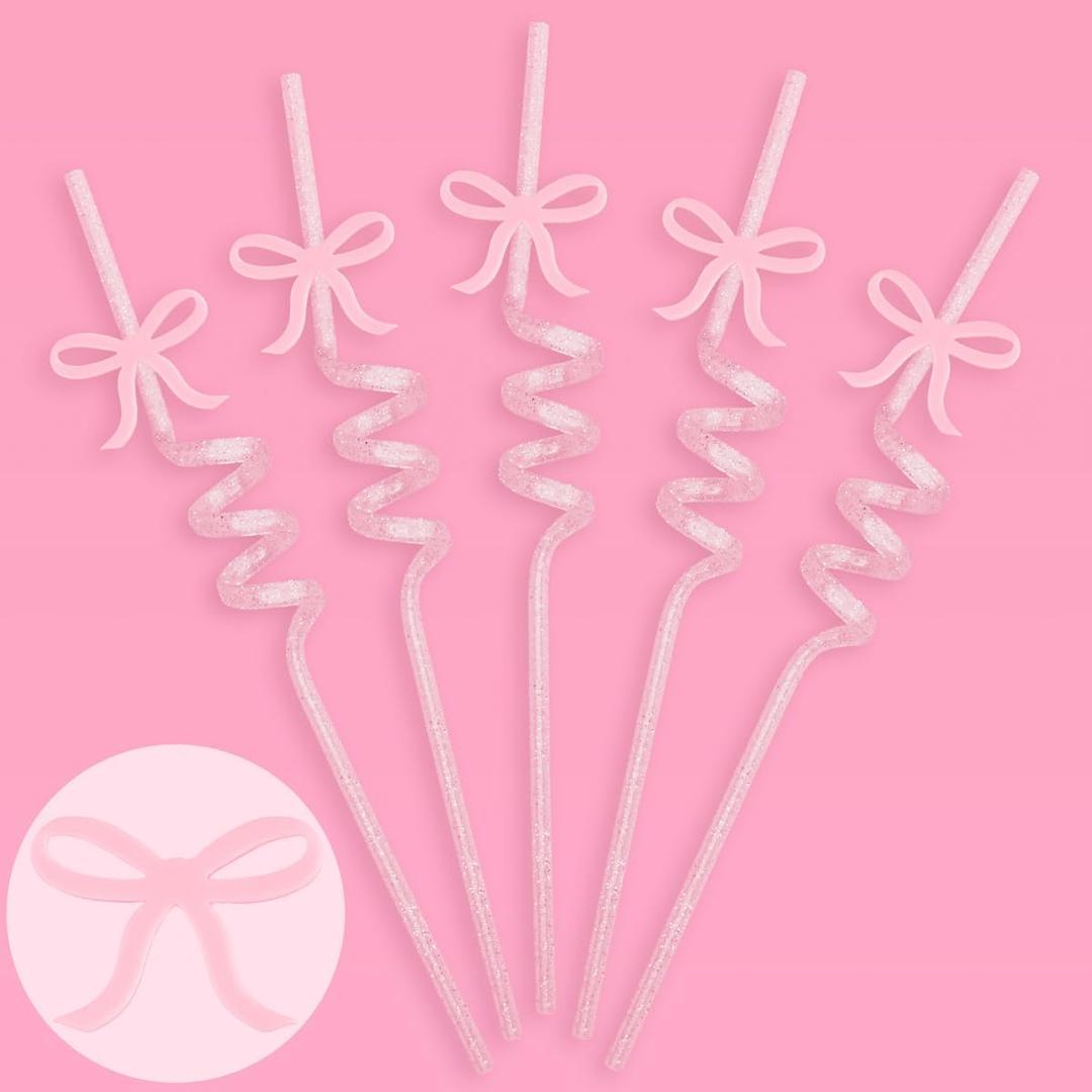 xo, Fetti Bow Reusable Pink Glitter Straw Set - 12 pc | Pretty Bachelorette Decorations, Bow Theme Birthday Party, Bridal Engagement Drinkware, Coquette Cute Supplies, Baby Shower Tableware, Tea Decor