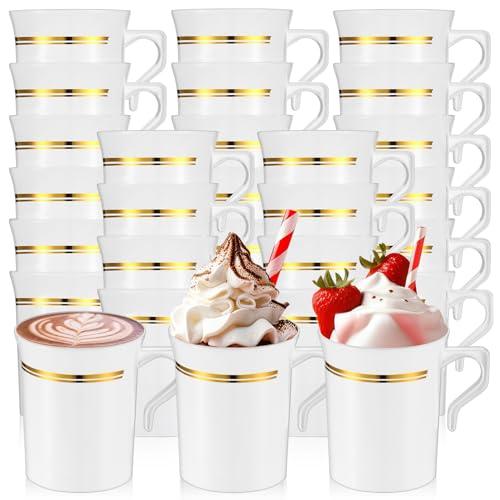 Baderke 24 Pcs Plastic Coffee Cups with Rim 8 oz Disposable Coffee Mugs with Handle Disposable Tea Cups Espresso Beverage Plastic Mugs for Wedding (White, Gold)