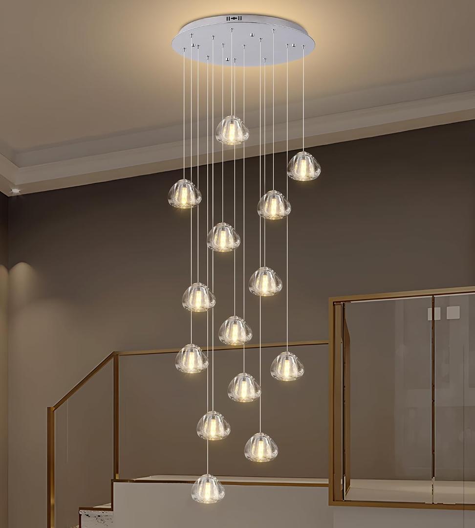 Modern Crystal Chandelier 14-Lights High Ceiling Raindrop Chandelier Lighting Fixture, Large LED Round Indoor Lighting Fixture Chrome for Foyer Staircase Living Room