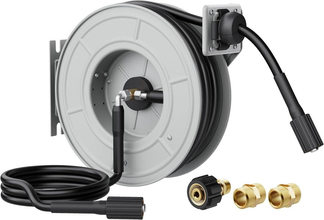 Giraffe Tools Pressure Washer Hose Reel 65ft, 3200 PSI Power Washer Hose Reel, Pressure Washer Retractable Hose Reel, Heavy Duty, Wall/Floor Mounted, Silver