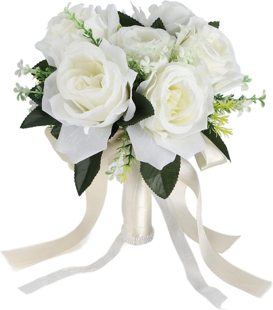 Artificial Bridal Bouquet - Silk Flower Simulation Rose Bouquet for Bride Holding Flowers for Wedding (Milky White)