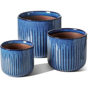 LE TAUCI Ceramic Plant Pots, 8.3/7/6 Inch Indoor Planters with Drainage Holes & Mesh, Modern Glossy Glaze Cylinder Fluted Flower Pot for Snake Plant, Set of 3, Harbor Blue, Medium