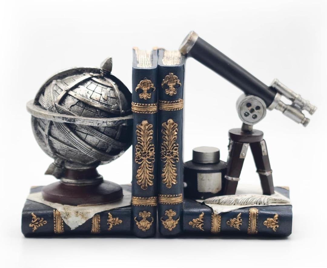 Vintage Decorative Bookends,Telescope and Armillary Spheres Space Decorative Bookends,Book Ends for Shelves for Study Room Bookstore Office Vintage Decor
