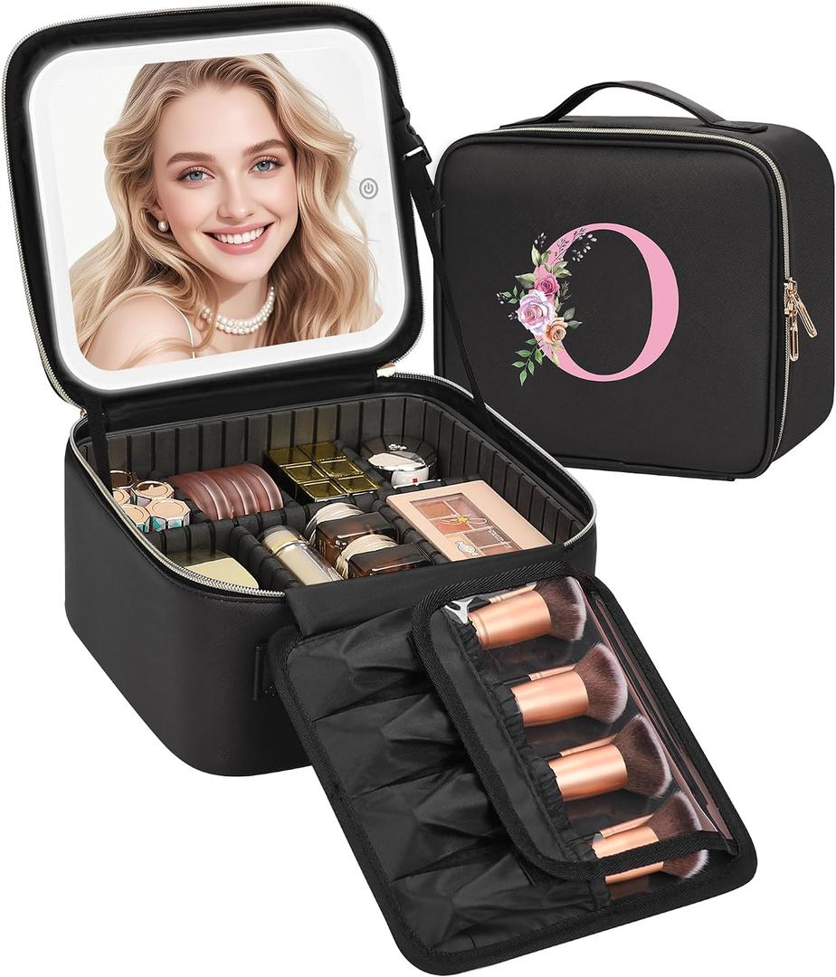 Relavel Initial Makeup Bag with LED Mirror for Women, Personalized Travel Cosmetic Organizer Train Case, Birthday Gifts for Teens Girls Grandkids Graduation Teacher Friends, Trendy Stuff, Black O