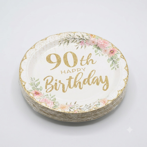 50PCS Happy 90th Plates Floral Dessert Plates and Napkins Disposable Best Mom Ever Theme Supplies for Birthday Party Decorations