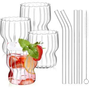 Tessco 4 Pieces Ribbed Glass Cups with Straws 8.8 oz Ripple Drinking Glasses Set Fluted Glassware Ribbed Origami Style Cup for Iced Coffee, Cocktail, Water, Juice, with 4 Glass Straws and Straw Brush