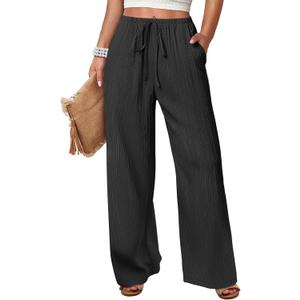 ANRABESS Women's Wide Leg Beach Pants Elastic Waist Lightweight Casual Flowy Palazzo Lounge Trousers with Pockets (X-Large, Black)