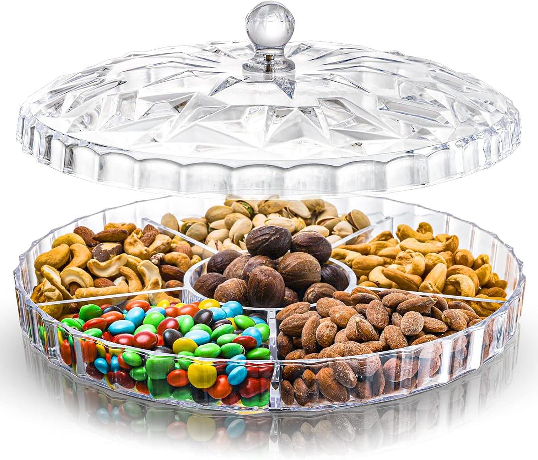 ZOOFOX Snack Serving Tray, 12" Appetizer Tray with Lid, 6 Compartments Round Plastic Food Storage Organizer for Dried Fruits, Nuts, Candies, Sweet Cookies and Fruits (Clear)