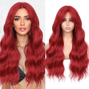 WIGNEE 26 Inch Red Synthetic Wig for Women Glueless Wear and Go Middle Part Long Curly Wavy Hair Wig with Bangs Natural Hairline Looking for Daily,Cosplay Ariel Hair,Halloween