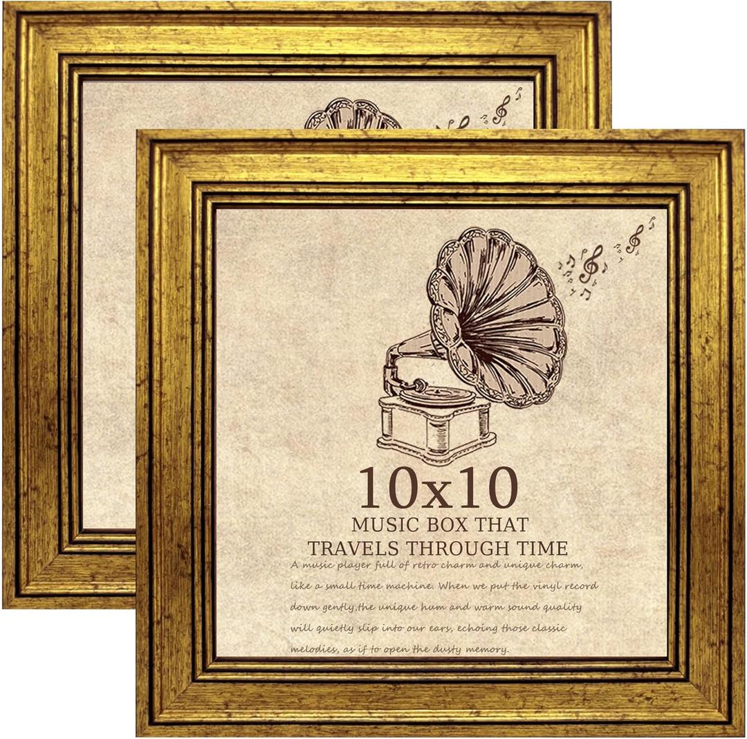 10x10 Picture Frame set of 2-Vintage Frames with nd Shatter-Resistant Glass - Antique Style Frames for Wall - Ornate Frame for Office or Home Decor best gift (ps-Gold-2pcs)