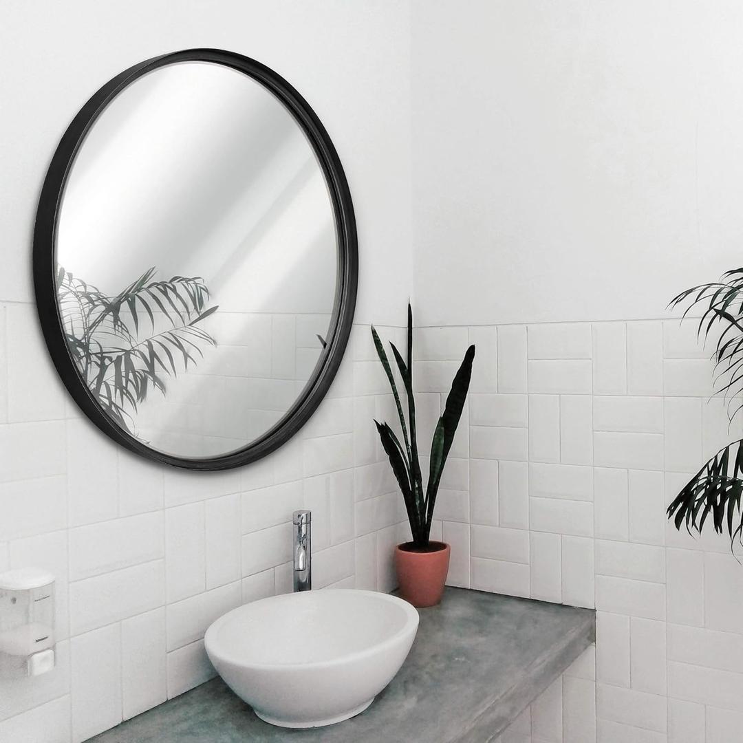 HBCY Creations Large Round Mirror, Black 27.5 inch Wall Mirror for Entryway, Bathroom, Living Room and More, Modern Minimalist Mirror for Both Rustic and Boho Design and Decor