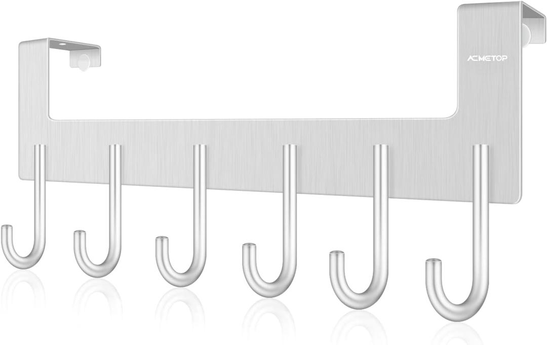 ACMETOP Over The Door Hooks, Aluminum Door Hanger Hook with 6 Coat Hooks for Hanging, Heavy Duty Over The Door Coat Rack for Towel, Bag, Robe, Back of Bathroom, Silver