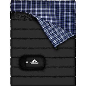 AGEMORE Cotton Flannel Double Sleeping Bag for Camping, Backpacking Or Hiking. Queen Size 2 Person Waterproof Sleeping Bag for Adults Or Teens. Lightweight with Compression Sack (Black/ Blue)