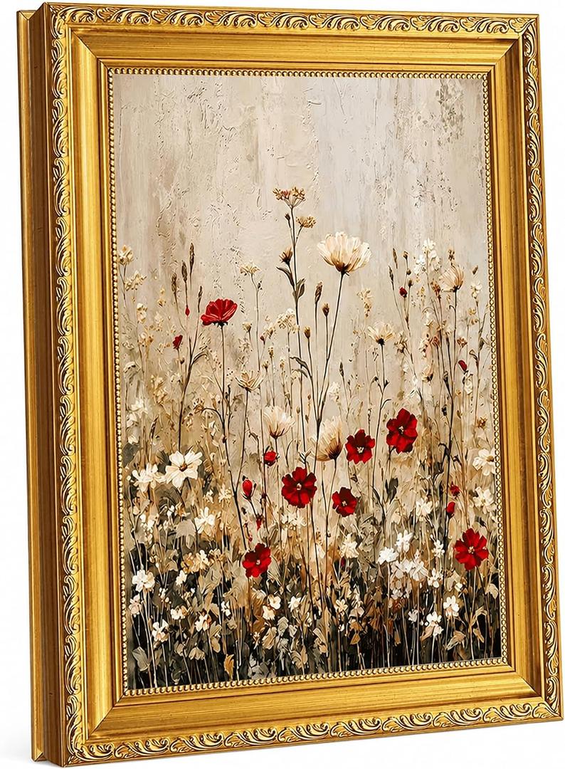 Gold Framed Wildflower Wall Art, 16x24 Floral Canvas Print | Vintage floral canvas print with ornate gold frame, ready to hang for bedroom, living room, bathroom, hallway, or gift.