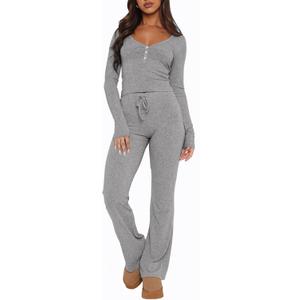 Womens 2 Piece Lounge Sets Long Sleeve Crop Tops V Neck Flare Pants Set Fall Y2k Casual Outfits (Medium, Grey)