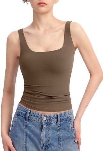 PUMIEY Women's Square Neck Tank Top Sleeveless Double Lined Basic Tops Sharp Collection, L