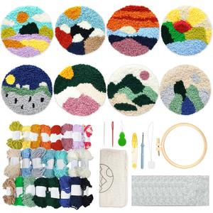 Soleeya Punch Needle Kits Adults Beginner 8 Pcs Punch Needle Coaster Kit Landscape Patterns Stitching Punch Embroidery Including Yarn Hoop Needle, Rug Tufting Coaster DIY Craft Gifts