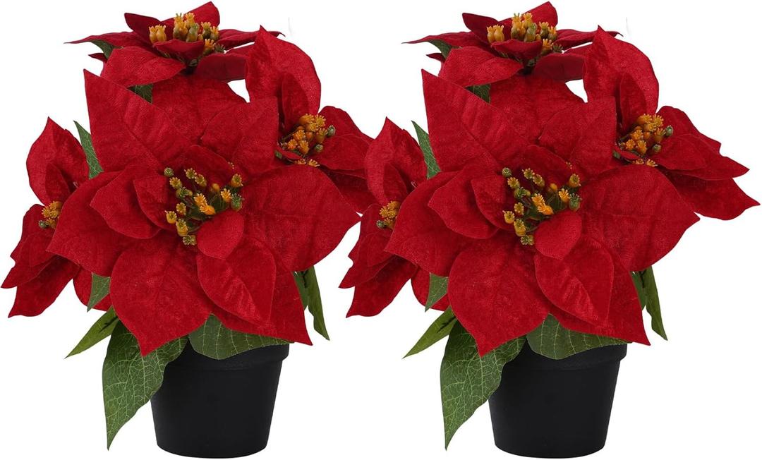 2 Pcs Small Fake Poinsettias Artificial Plants 11.8",4 Red Velvet Heads Faux Christmas Flowers in Pot for Home Office Table Indoor Christmas Winter Decorations