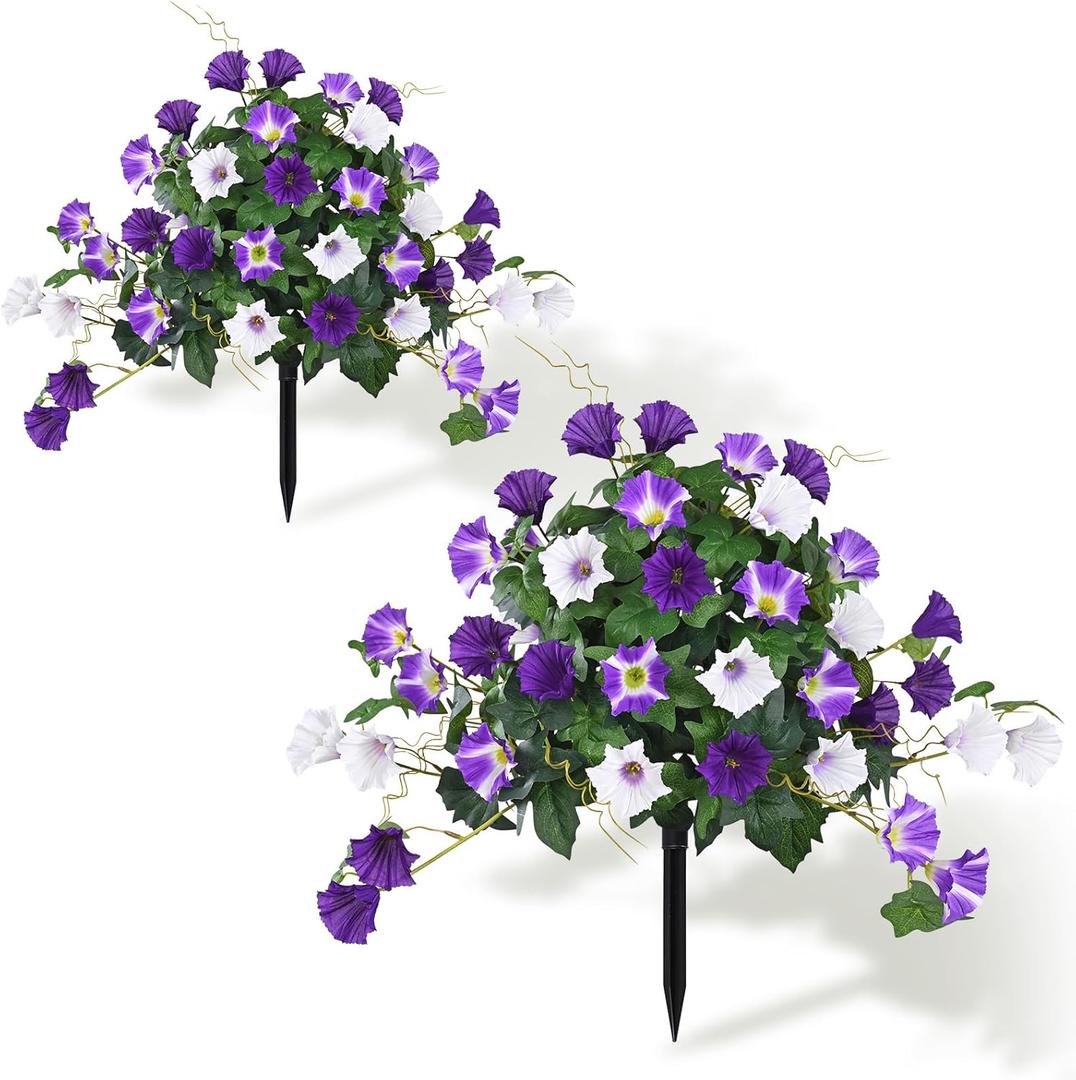 Elyum 2 Pack Artificial Flowers Topiary Ball Trees for Outdoors, 19.7" Lifelike Morning Glory Fake Bushes Plants, UV Resistant Fake Plants Faux Shrubs with Ground Spike for Porch Garden Decor (Purple)